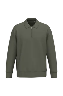 Native Spirit Ecologische uniseks sweater met kwartrits, polokraag en afhangende schouders in Organic Khaki, voorkant