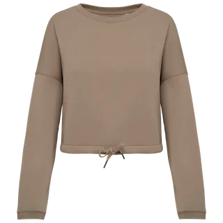 Native Spirit Ecologische cropped damessweater met ronde hals in Wet Sand, voorkant