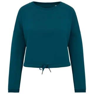 Native Spirit Ecologische cropped damessweater met ronde hals in Peacock Green, voorkant