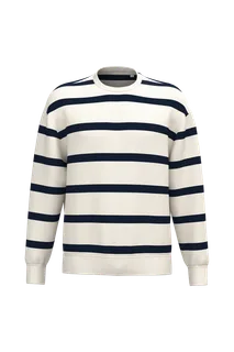 Native Spirit Ecologische gestreepte uniseks sweater met ronde hals en afhangende schouders in Ivory/ Navy blue stripes, voorkant