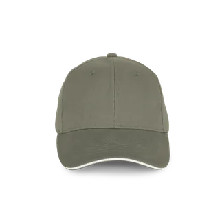 K-UP Cap in organic cotton with contrasting sandwich peak - 6 panels in Almond Green / Ivory, voorkant