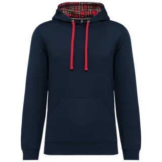 Kariban Unisex sweater met capuchon met contrasterend motief in Navy / Red Tartan, voorkant