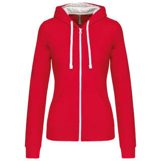 Kariban Ladies’ contrast hooded full zip sweatshirt in Red / White, voorkant