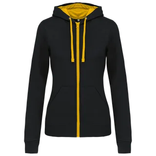 Kariban Ladies’ contrast hooded full zip sweatshirt in Black / Yellow, voorkant