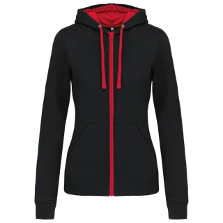 Kariban Ladies’ contrast hooded full zip sweatshirt in Black / Red, voorkant