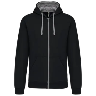 Kariban Men's contrast hooded full zip sweatshirt in Black / Fine Grey, voorkant