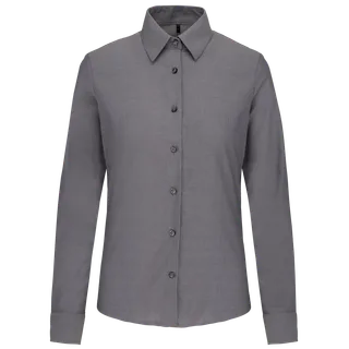 Kariban Dames Oxford blouse lange mouwen in Oxford Silver, voorkant