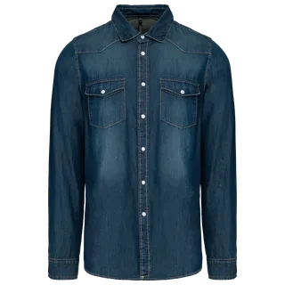 Kariban Men's long-sleeved denim shirt in Blue Jean, voorkant