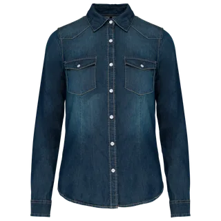 Kariban Dames denim blouse lange mouwen in Blue Jean, voorkant