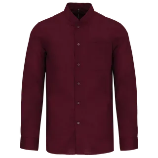 Kariban Men's long-sleeved mandarin collar shirt in Wine, voorkant