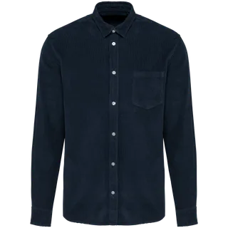 Kariban Men's long-sleeved corduroy shirt in Washed dark navy, voorkant