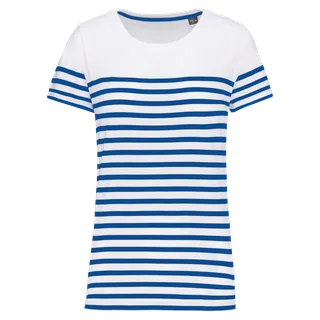 Kariban Marine-T-shirt ronde hals Bio dames in White / Royal Blue Stripe, voorkant