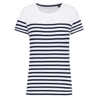 Kariban Marine-T-shirt ronde hals Bio dames in White / Navy Stripes, voorkant