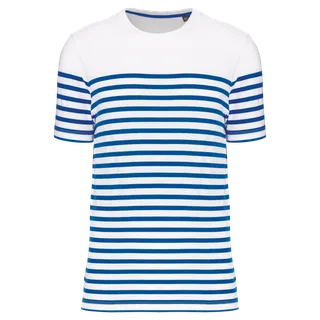 Kariban Men's Organic crew neck sailor T-shirt in White / Royal Blue Stripe, voorkant
