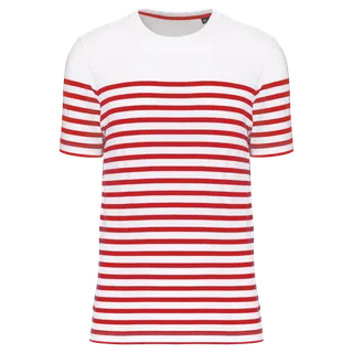 Kariban Men's Organic crew neck sailor T-shirt in White / Red Stripe, voorkant