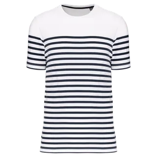 Kariban Men's Organic crew neck sailor T-shirt in White / Navy Stripes, voorkant