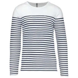Kariban Gestreept heren-T-shirt lange mouwen in White / Navy Stripes, voorkant