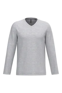 Kariban Men's long-sleeved V-neck T-shirt in Ash Heather, voorkant
