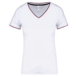 Kariban Dames-T-shirt piqué V-hals in White / Navy / Red, voorkant