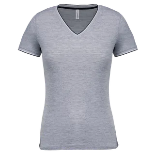 Kariban Dames-T-shirt piqué V-hals in Oxford Grey / Navy / White, voorkant
