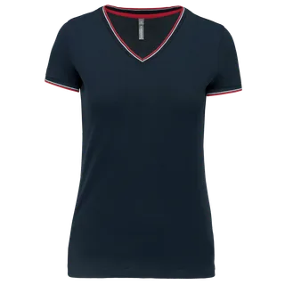 Kariban Dames-T-shirt piqué V-hals in Navy / Red / White, voorkant