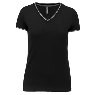 Kariban Dames-T-shirt piqué V-hals in Black / Light Grey / White, voorkant