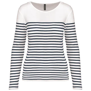 Kariban Gestreept dames-T-shirt lange mouwen in White / Navy Stripes, voorkant