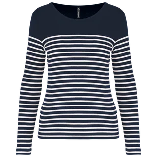Kariban Gestreept dames-T-shirt lange mouwen in Navy / White Stripes, voorkant