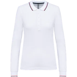 Kariban Dames polo piqué lange mouw in White / Navy / Red, voorkant