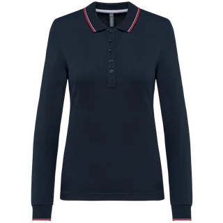 Kariban Dames polo piqué lange mouw in Navy / Red / White, voorkant