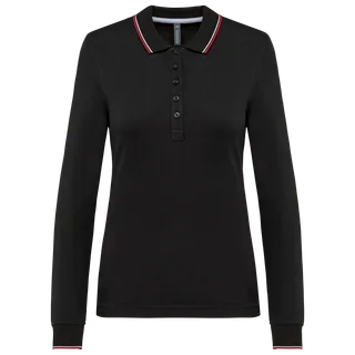 Kariban Dames polo piqué lange mouw in Black / Red / White, voorkant