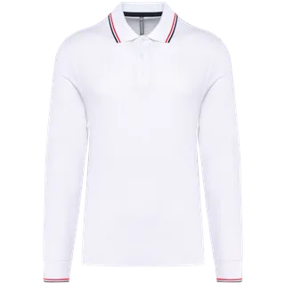 Kariban Men’s long-sleeved piqué knit polo shirt in White / Navy / Red, voorkant