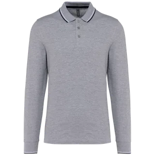 Kariban Men’s long-sleeved piqué knit polo shirt in Oxford Grey / Navy / White, voorkant