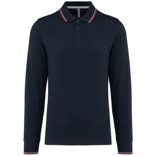 Kariban Men’s long-sleeved piqué knit polo shirt in Navy / Red / White, voorkant