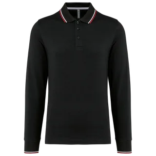 Kariban Men’s long-sleeved piqué knit polo shirt in Black / Red / White, voorkant