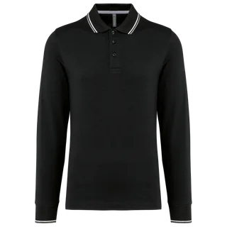 Kariban Men’s long-sleeved piqué knit polo shirt in Black / Light Grey / White, voorkant