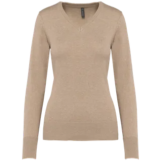 Kariban Dames pullover met v-hals in Beige heather, voorkant