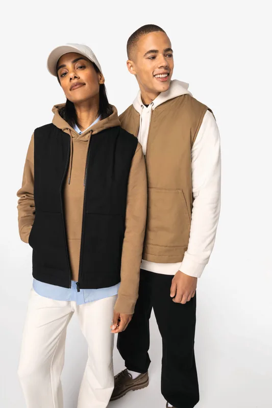 Native Spirit Ecologische gevoerde uniseks bodywarmer van twill met teddykraag