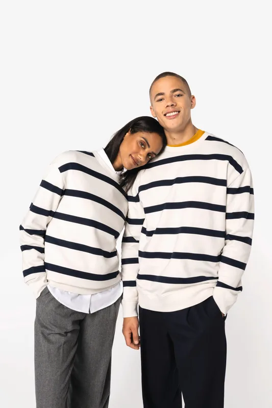 Native Spirit Ecologische gestreepte uniseks sweater met ronde hals en afhangende schouders