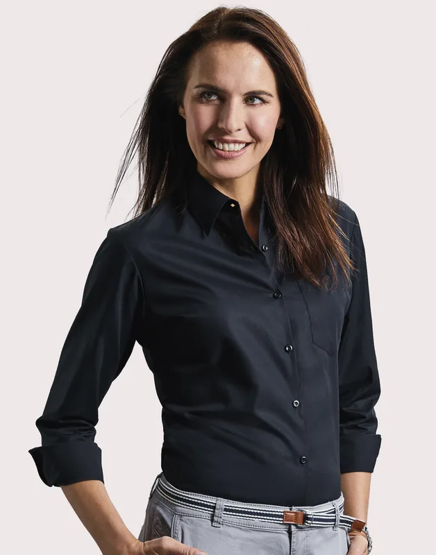 Russell Collection Women's long-sleeved cotton poplin blouse, easy-care