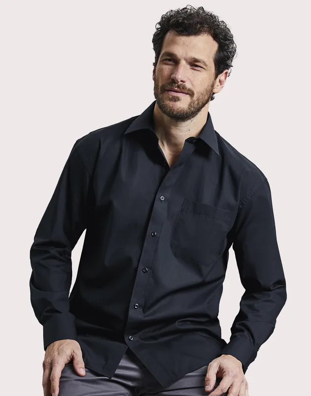 Russell Collection Men's long-sleeved cotton poplin shirt, easy-care